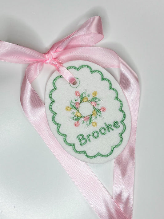 Easter Basket Tag- Embroidered Tulip Wreath- Personalized
