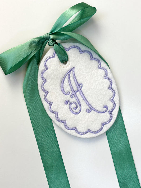 Single Letter script monogram Easter basket gift tag embroidered personalized