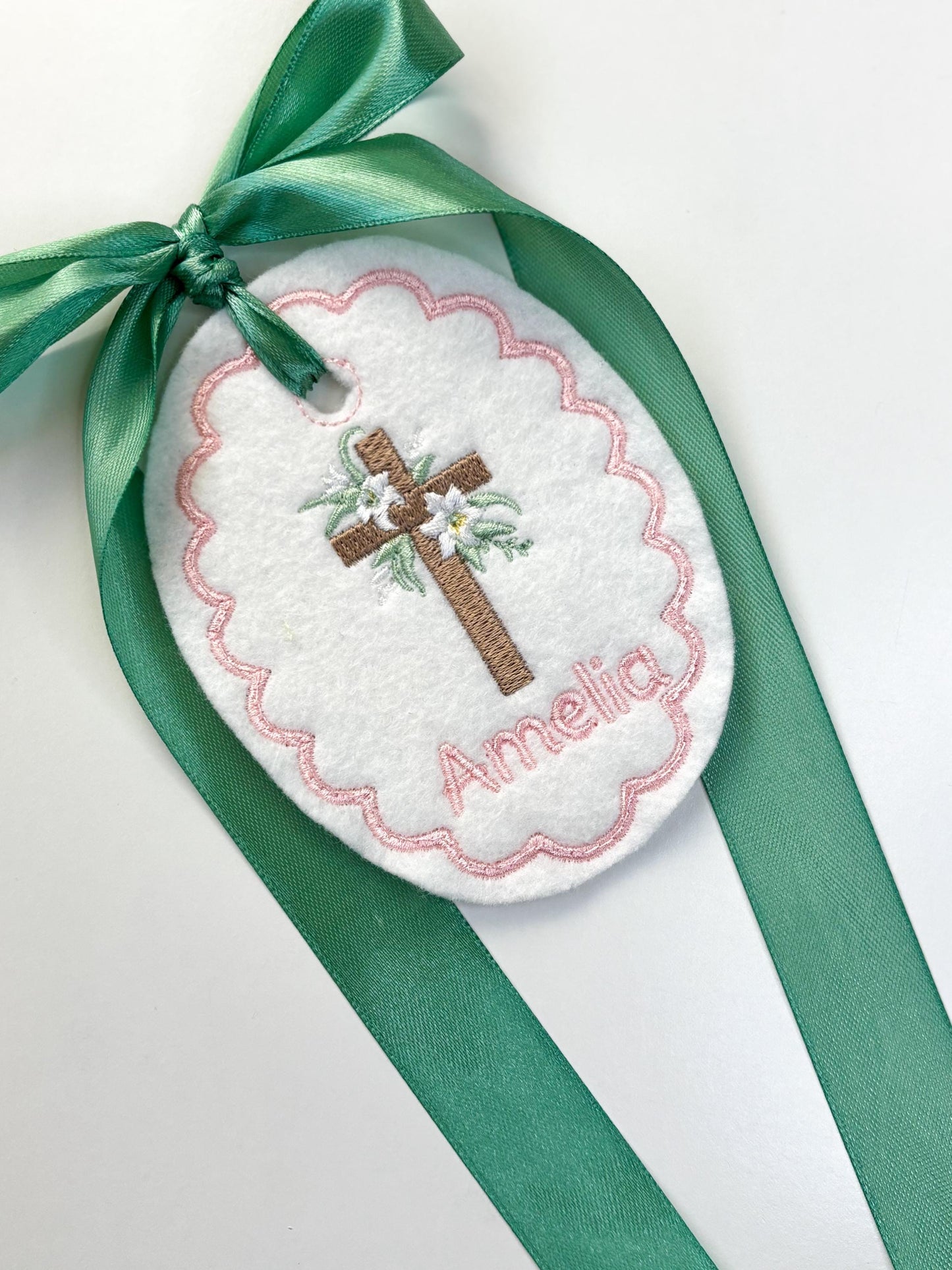 Personalized Easter Lily Cross Easter Basket Tag-Embroidered Bunny, Flowers Monogram Name