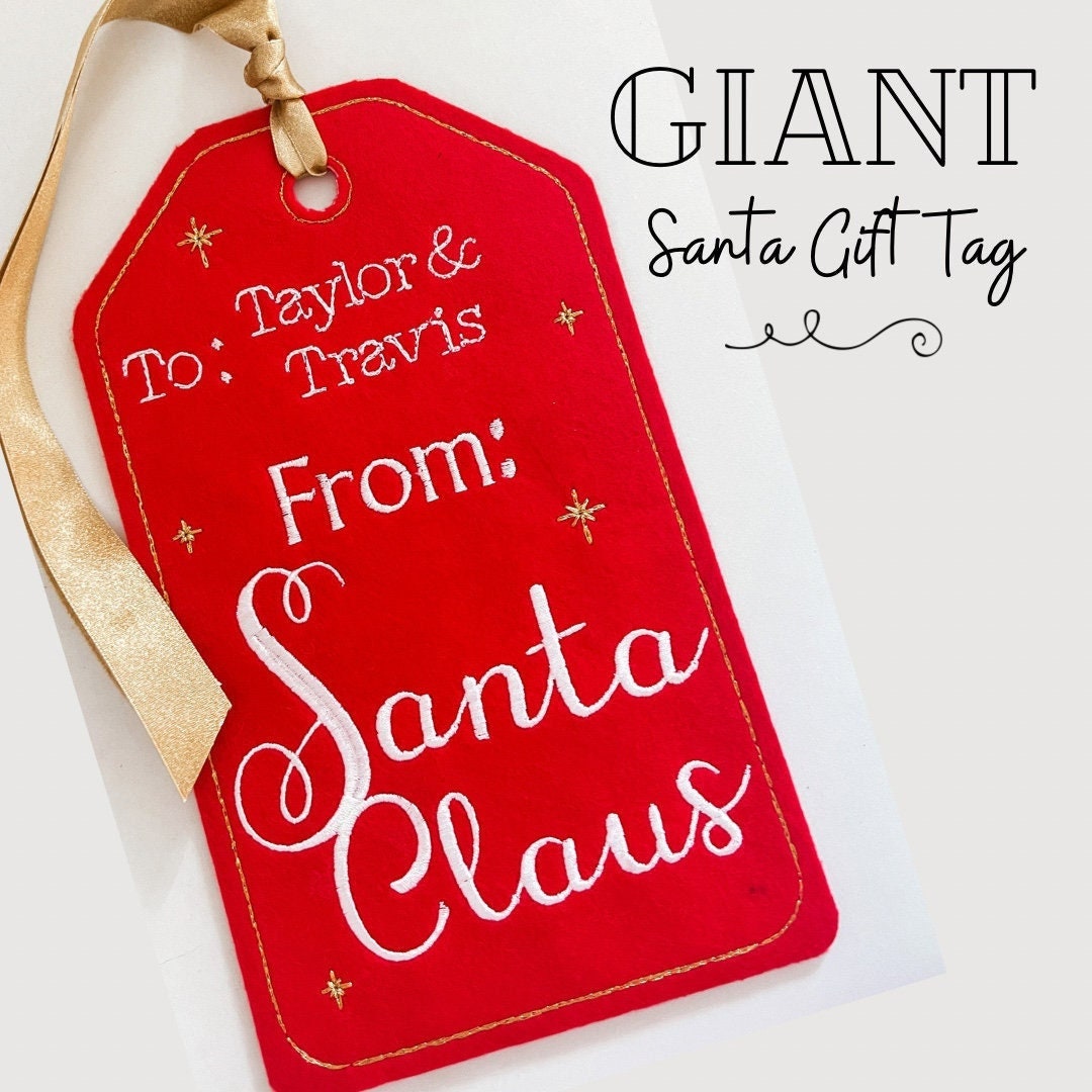 GIANT Personalized Embroidered Santa Gift Tag Name Stocking Christmas From Santa Claus Embroidery Stitched Custom Oversized Large XL