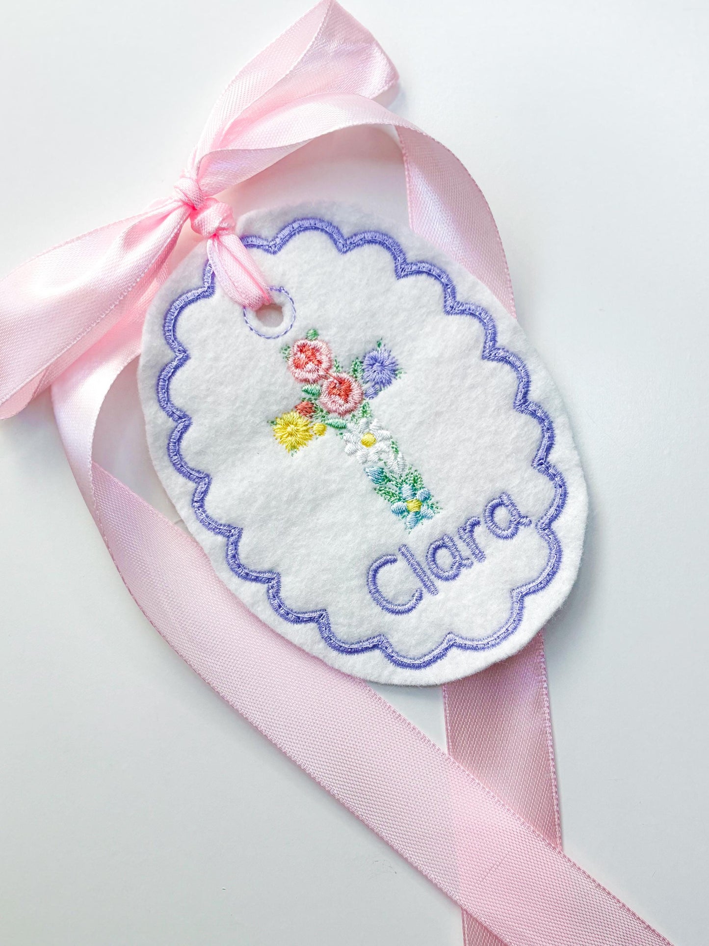 Personalized Easter  flower Cross Easter Basket Tag-Embroidered Bunny, Floral Monogram Name