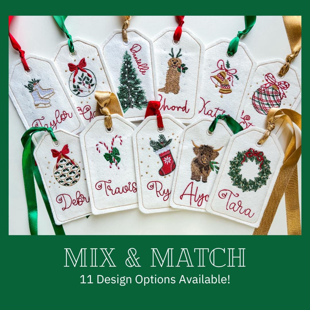 PERSONALIZED 6 Inch Embroidered Christmas Tree Stocking Gift Tag