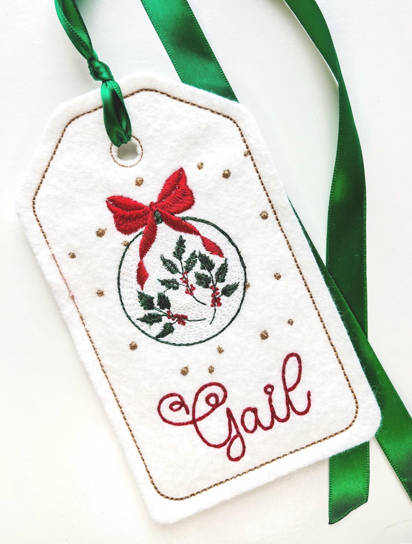 PERSONALIZED 6 Inch Embroidered  mistletoe Ornament Stocking Gift Tag