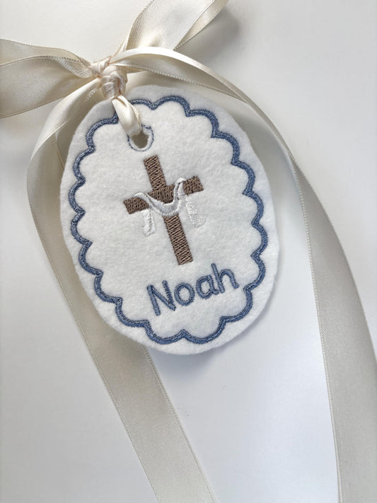 Personalized Easter  Cross with Sash Easter Basket Tag-Embroidered Bunny, Flowers Monogram Name