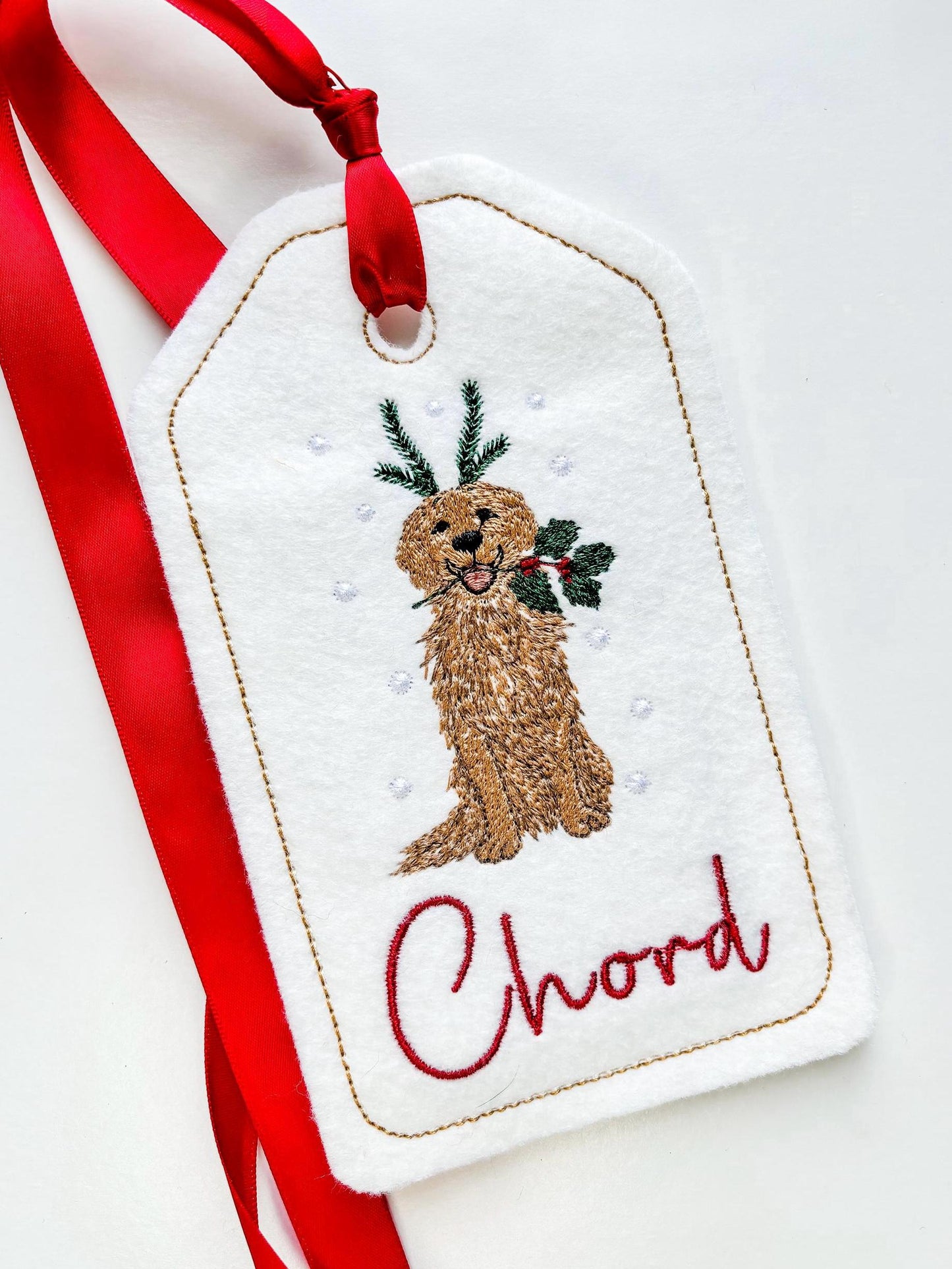 PERSONALIZED 6 Inch Embroidered Golden Retriever Dog stocking tag
