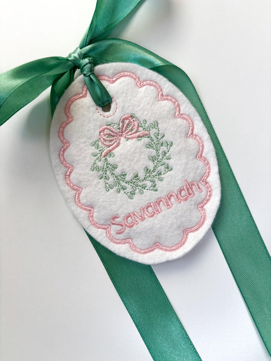 Personalized Greenery Wreath Easter Basket Tag-Embroidered Bunny, Flowers Monogram Name