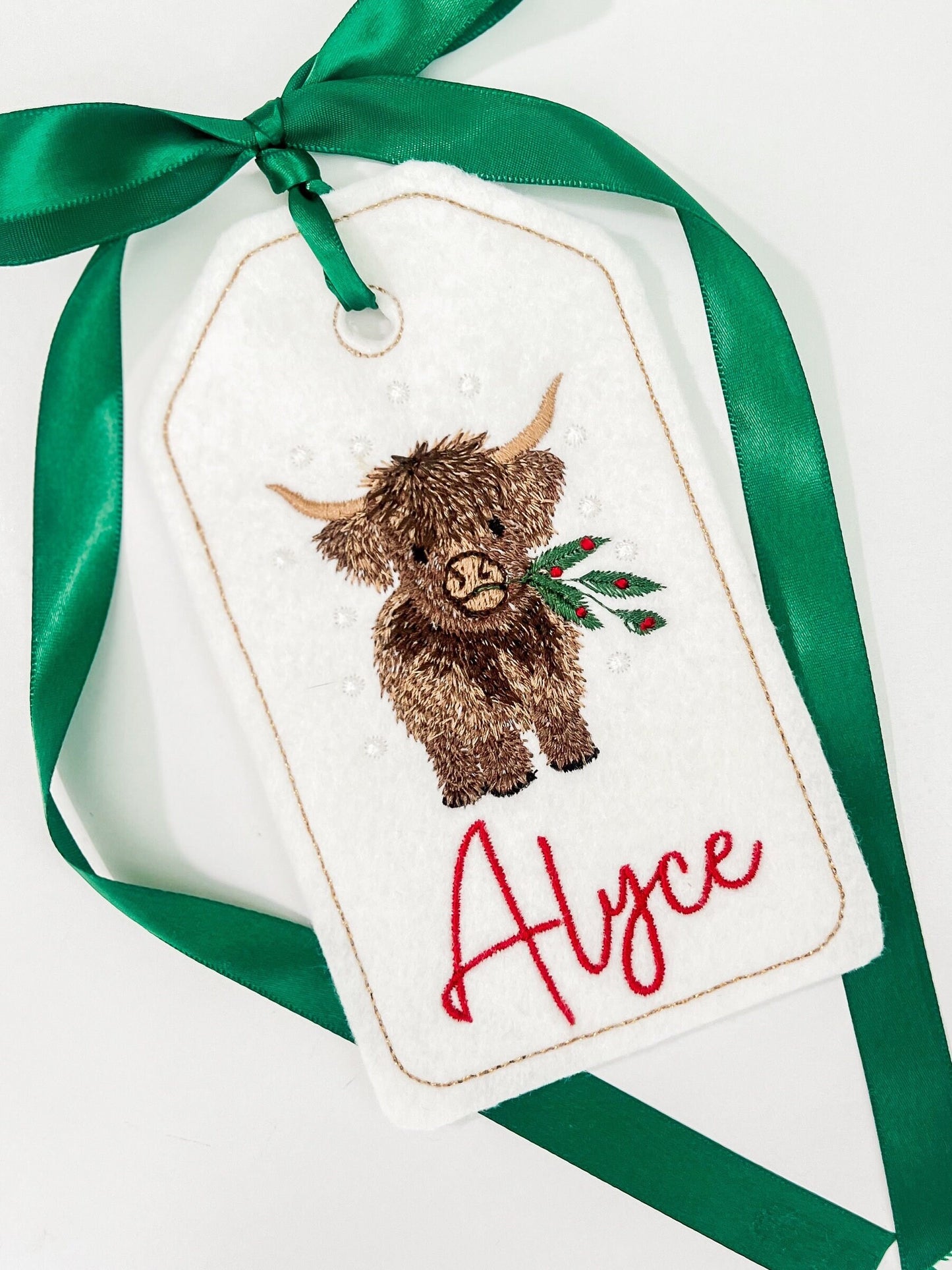 PERSONALIZED 6 Inch Embroidered Highland Cow stocking tag