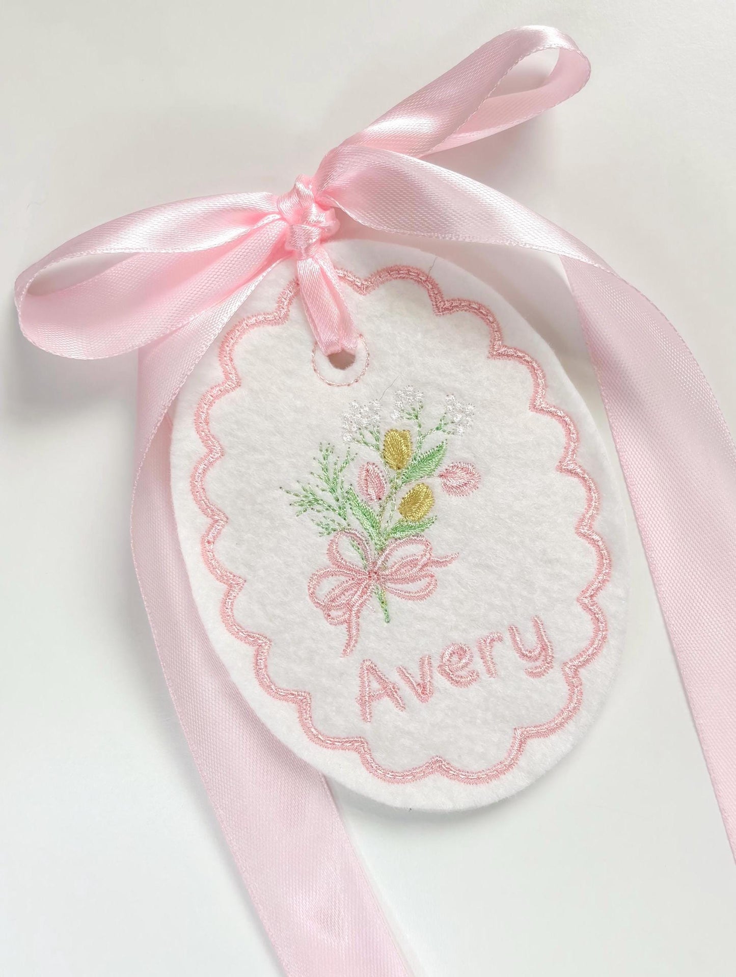 Easter Basket Tag- Embroidered Tulip Bouquet- Personalized