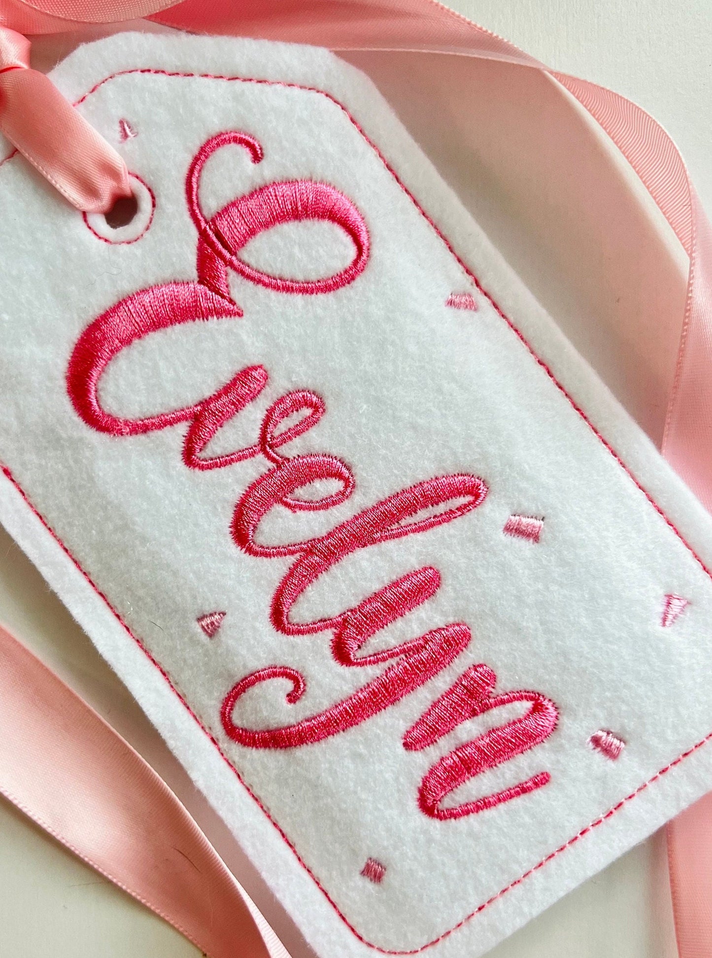 Personalized Embroidered Baby Shower Tag: Script Name, Satin Ribbon
