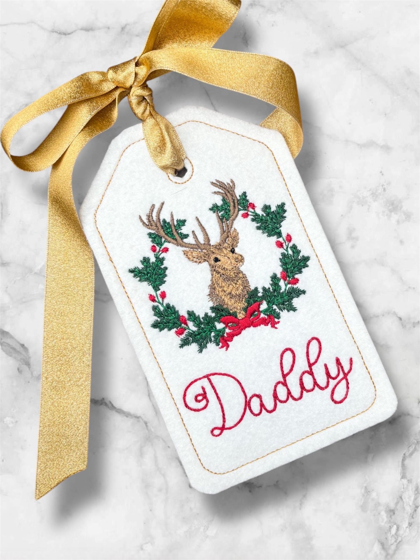 PERSONALIZED 6 Inch Embroidered Reindeer Stocking Gift Tag