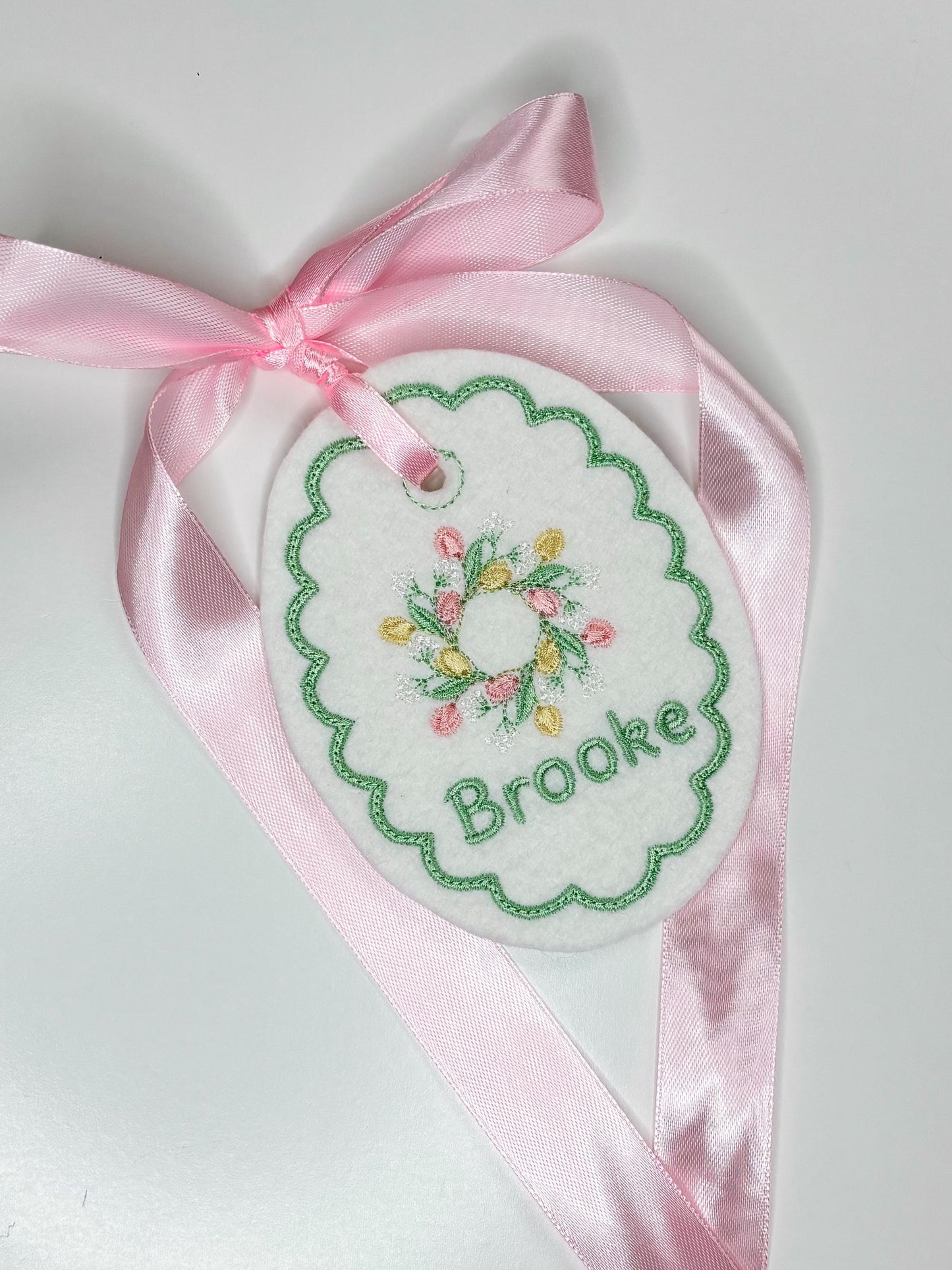 Easter Basket Tag- Embroidered Tulip Wreath- Personalized