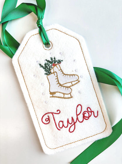 PERSONALIZED 6 Inch Embroidered Ice Skates Stocking Gift Tag
