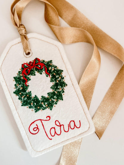 PERSONALIZED 6 Inch Embroidered Wreath stocking tag