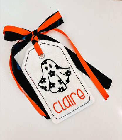 Personalized Embroidered Halloween Tag- Flower Ghost Black and Orange