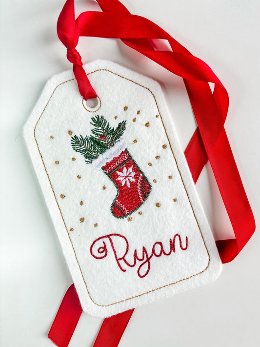 PERSONALIZED 6 Inch Embroidered Red Stocking Gift Tag, Stocking Tag