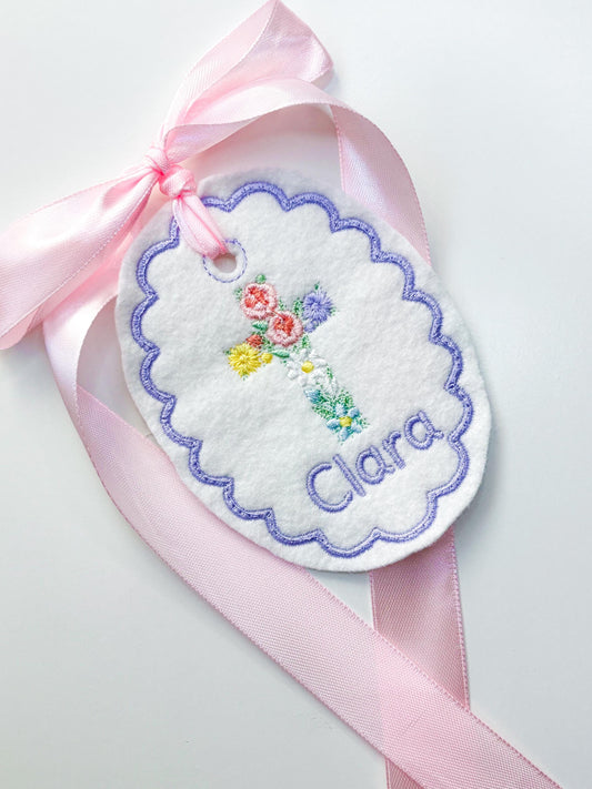Personalized Easter  flower Cross Easter Basket Tag-Embroidered Bunny, Floral Monogram Name