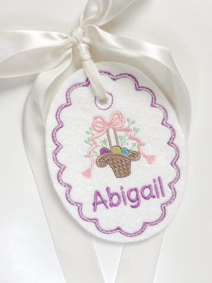 Personalized Easter Basket With Bow Tag-Embroidered Bunny, Flowers Monogram Name