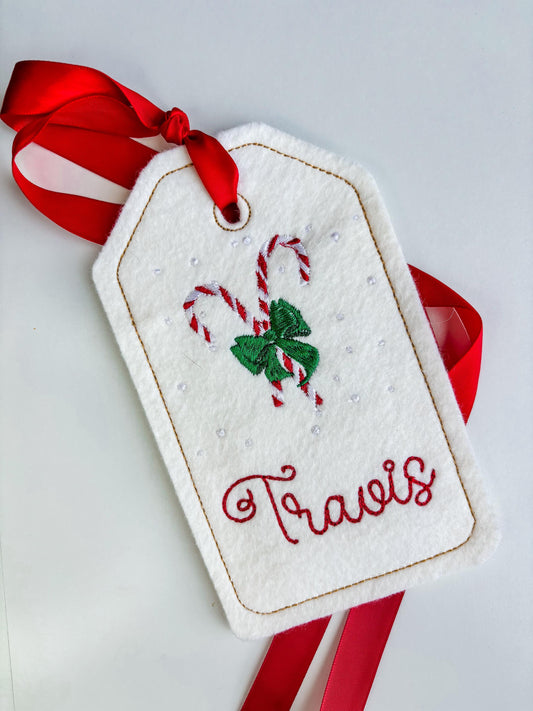 PERSONALIZED 6 Inch Embroidered Candy Cane Gift Tag, Christmas Holdiay Stocking decoration Tag