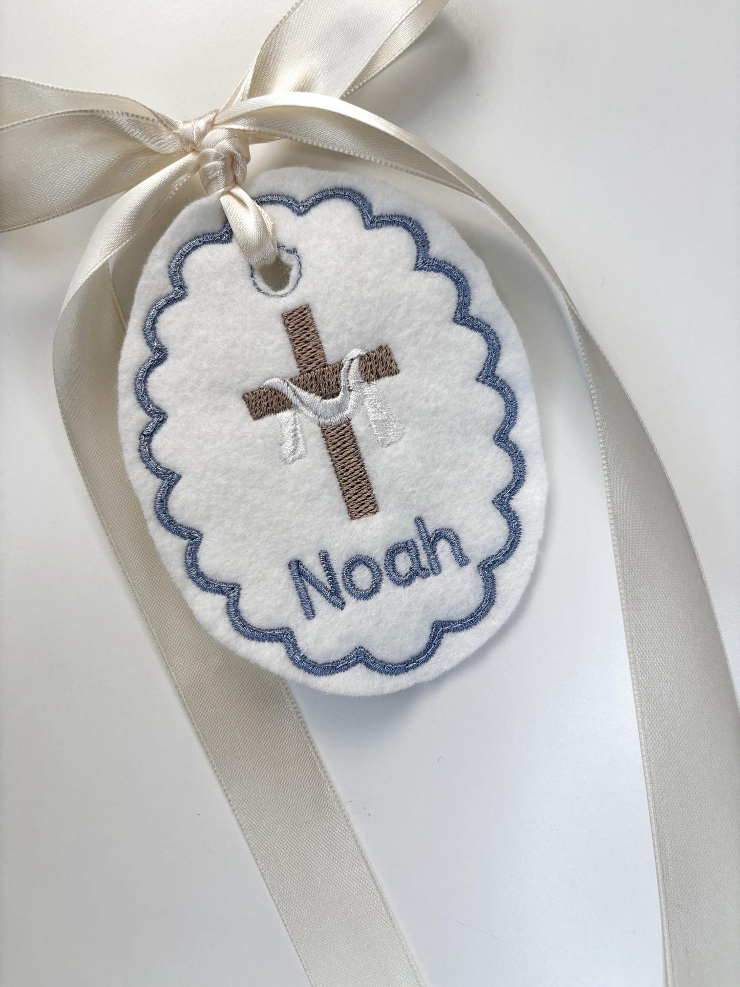 Personalized Easter  Cross with Sash Easter Basket Tag-Embroidered Bunny, Flowers Monogram Name