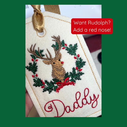 PERSONALIZED 6 Inch Embroidered Reindeer Stocking Gift Tag