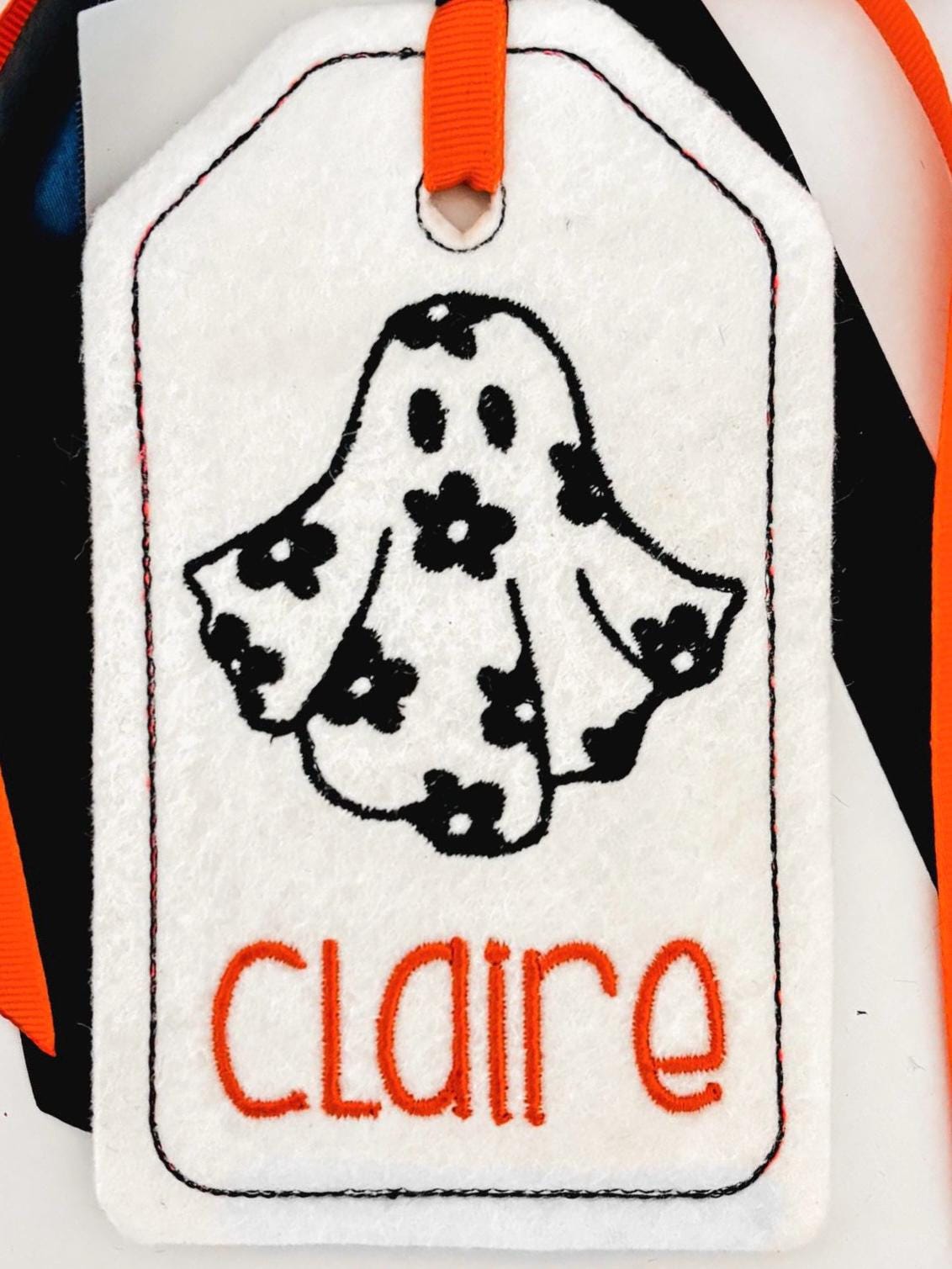 Personalized Embroidered Halloween Tag- Flower Ghost Black and Orange