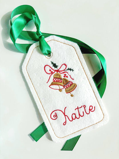PERSONALIZED 6 Inch Embroidered Christmas Bells Stocking Gift Tag