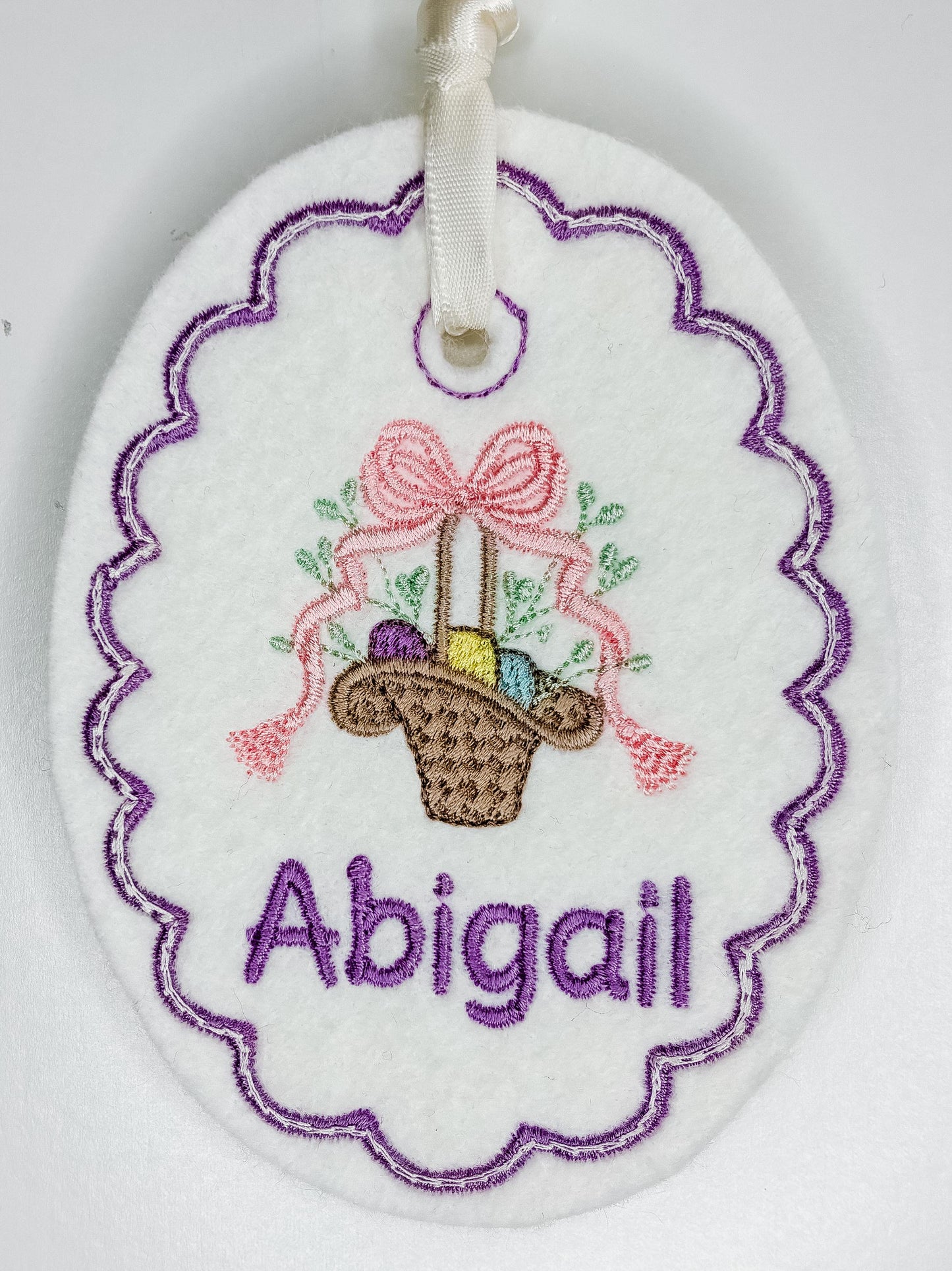 Personalized Easter Basket With Bow Tag-Embroidered Bunny, Flowers Monogram Name