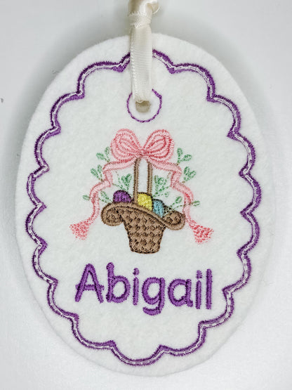 Personalized Easter Basket With Bow Tag-Embroidered Bunny, Flowers Monogram Name