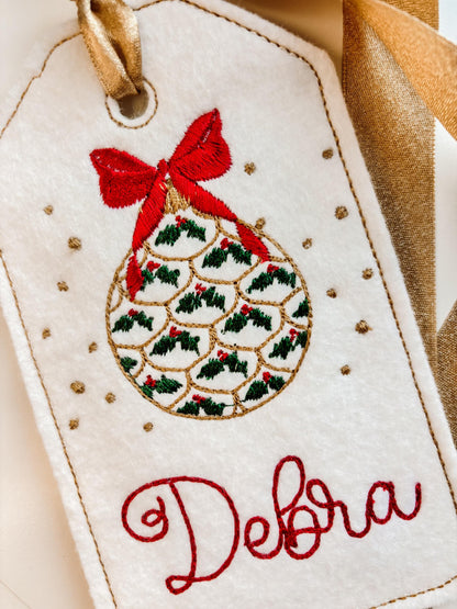 PERSONALIZED 6 Inch Embroidered Holly Ornament Stocking Gift Tag