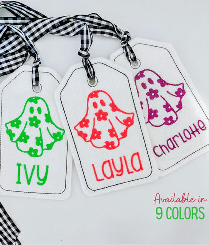 Personalized Embroidered Halloween Tag- Neon Flower Ghost