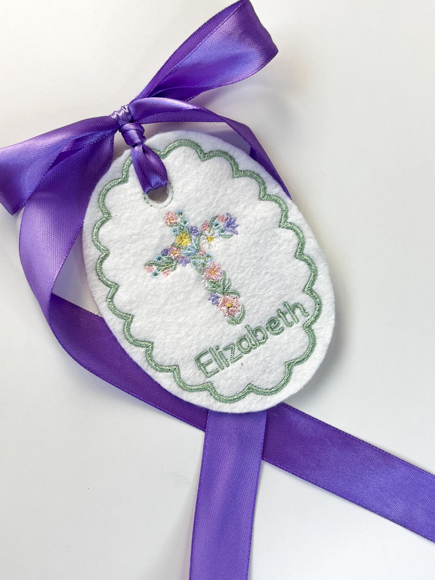 Personalized floral  cross Easter Basket Tag-Embroidered Bunny, Flowers Monogram Name
