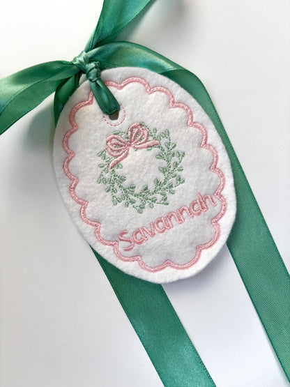 Personalized Greenery Wreath Easter Basket Tag-Embroidered Bunny, Flowers Monogram Name