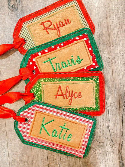 Personalized Embroidered Christmas Stocking Tag: Green Felt, Stitched Name (6 Inch)