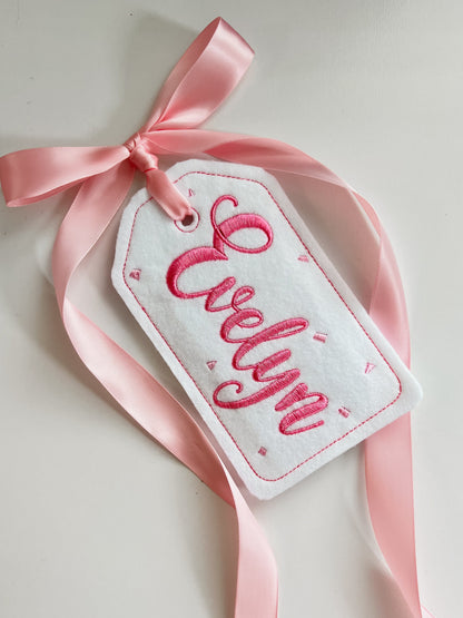 Personalized Embroidered Baby Shower Tag: Script Name, Satin Ribbon