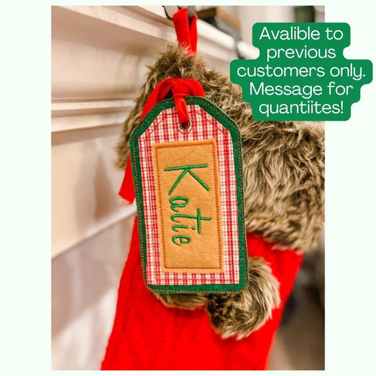Personalized Embroidered Christmas Stocking Tag: Green Felt, Stitched Name (6 Inch)