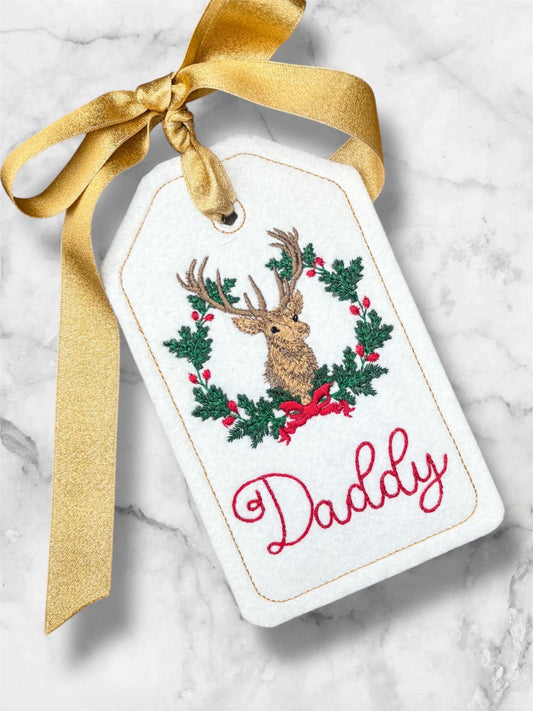PERSONALIZED 6 Inch Embroidered Reindeer Stocking Gift Tag