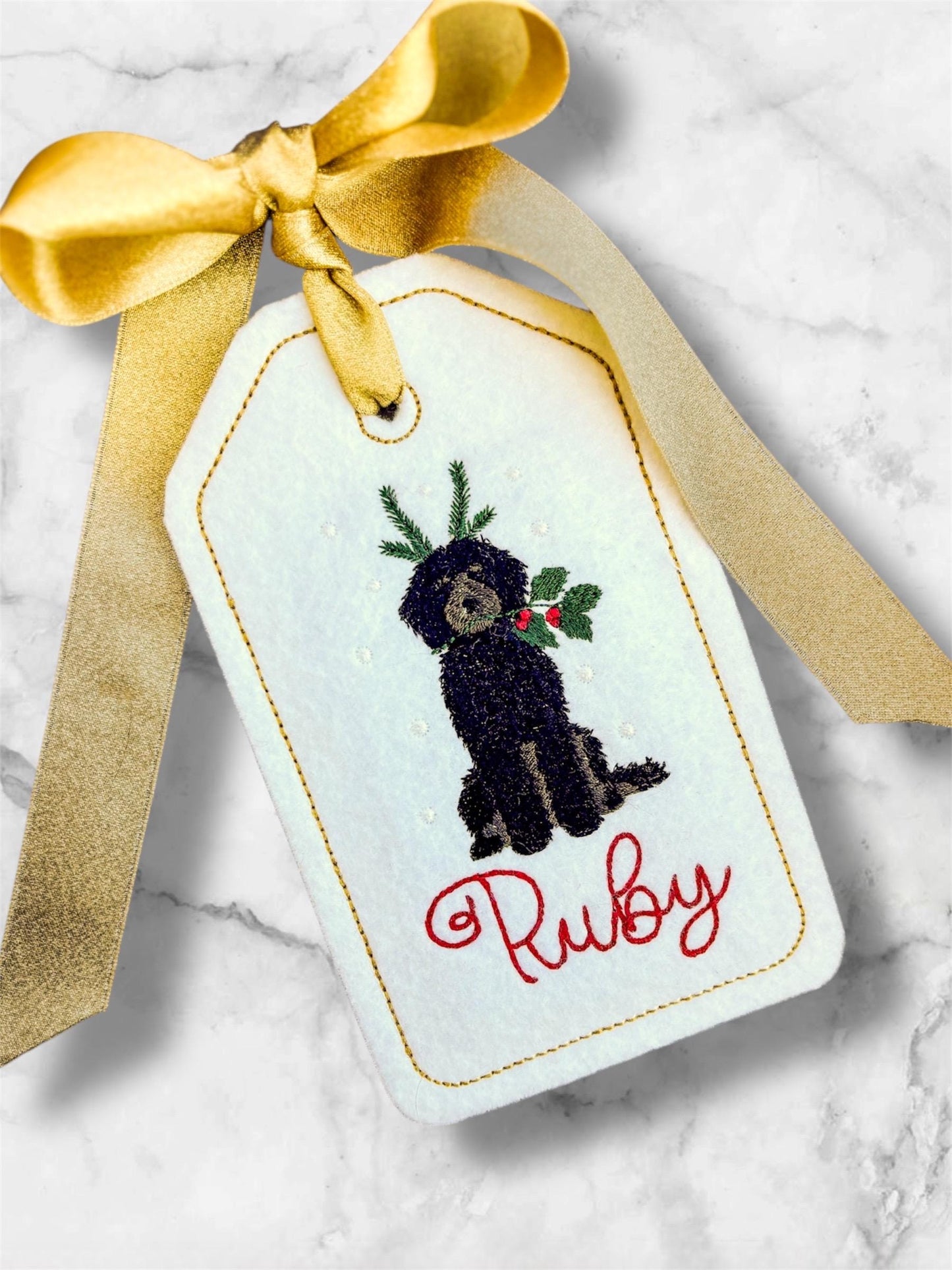 PERSONALIZED 6 Inch Embroidered Black Doodle stocking tag