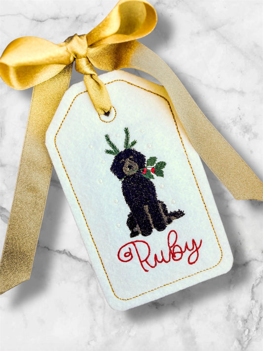 PERSONALIZED 6 Inch Embroidered Black Doodle stocking tag
